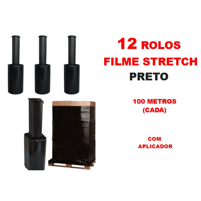 12 Rolos Filme Stretch PRETO C/ Cabo Adaptador (10cm) 100 Metros (cada)