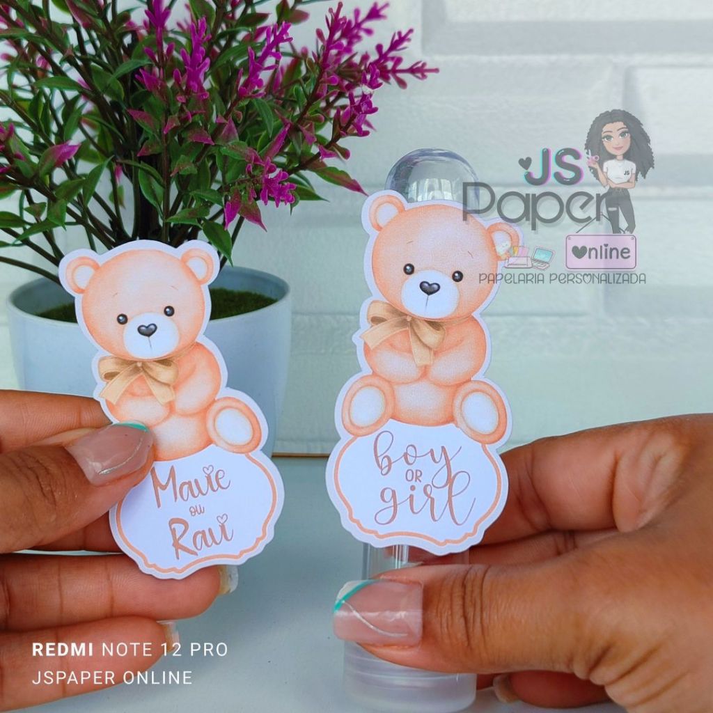 Aplique para Tubete Personalizado Chá Revelação/Lembrancinha de Festa e Decoração chá Ursinho Bege..