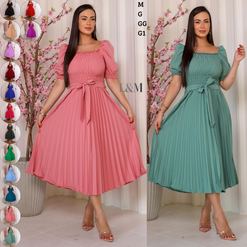 Vestido Plissado Liso Feminino Manga Bufante Com Elástex Plus Size Verão