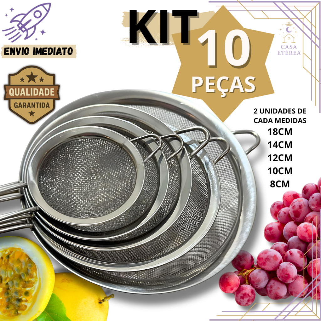 Kit 10 Peneiras de Aço Inox para Cozinha Confeitaria Peneirar Farinha Bolo Pão Escorrer Massas em Oferta na Shopee