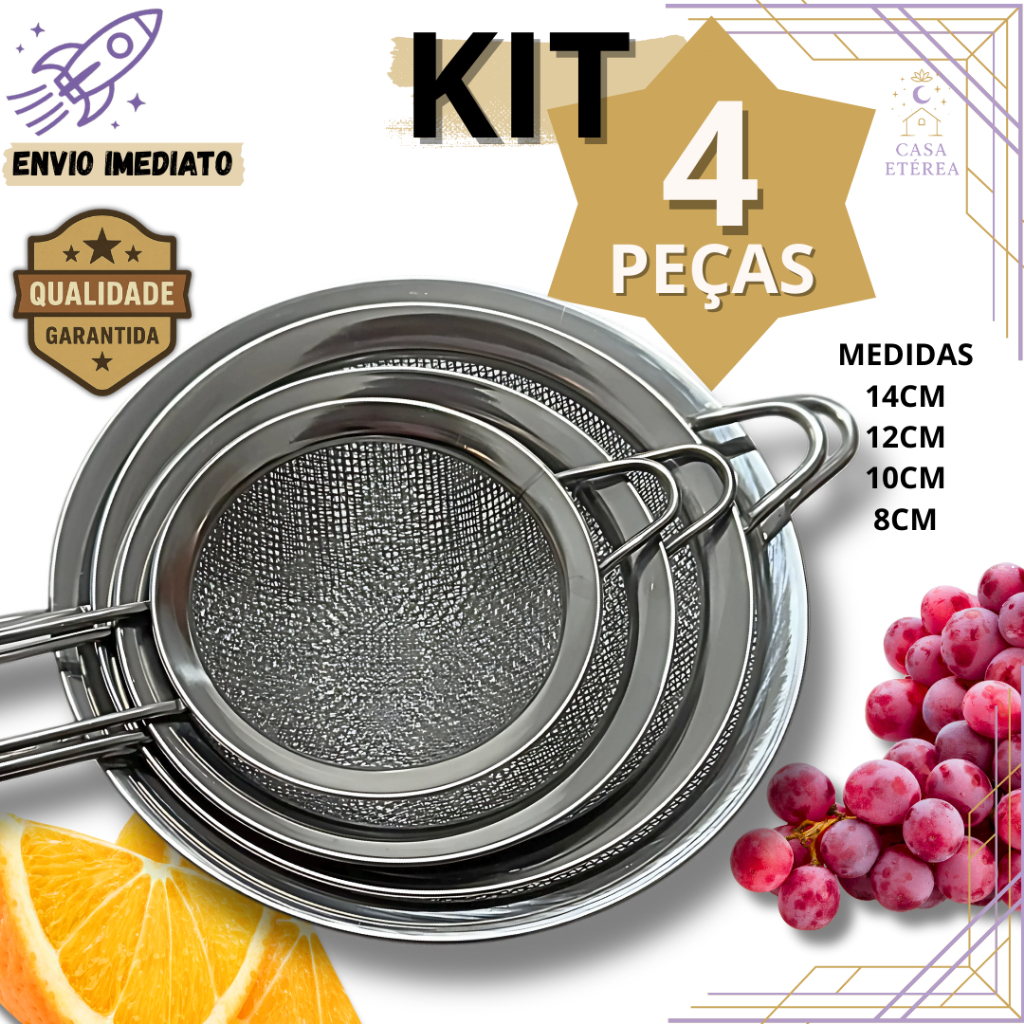 Kit 4/3/2/1 Peneiras de Aço Inox para Cozinha Confeitaria Peneirar Farinha Bolo Pão Escorrer Massas em Oferta na Shopee