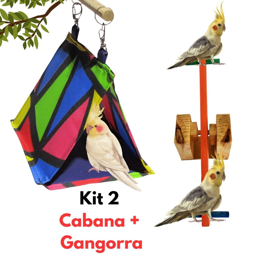Kit 2 Brinquedos Cabana + Gangorra para Gaiola Calopsita Periquito Rinq Nenk Agapornis Passaros Aves Gaiola