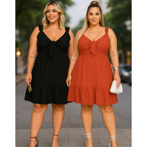 Kit 2 Vestido Plus Size Alcinha Regulável Elegante com Babado e Forro, Natal e Praia