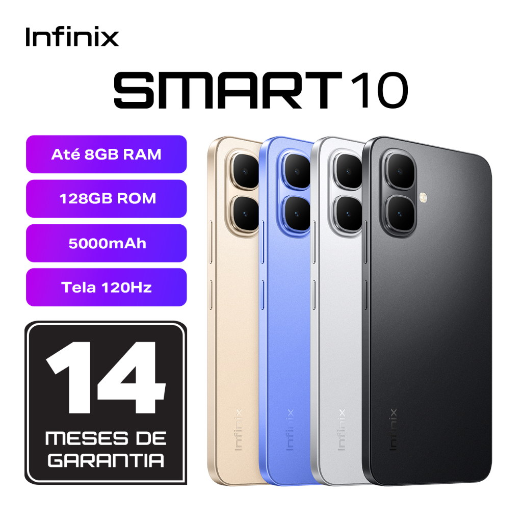 Infinix Smart 10 4.5G, Processador T7250, 128GB Memória e 4GB RAM Expansível, Proteção IP64