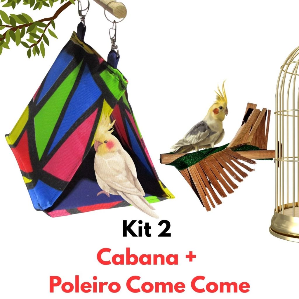 Kit 2 Brinquedos Cabana + Poleiro Come Come Para gaiola Calopsita Agapornis Piriquitos Rinq Neck