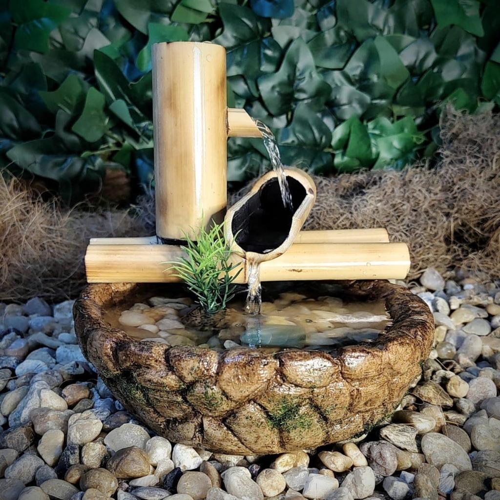 Imagem Fonte de água , resina com Biqueira  bambu 2 Quedas , bomba Bivolt  Relaxamento Espaço Zem Meditação
