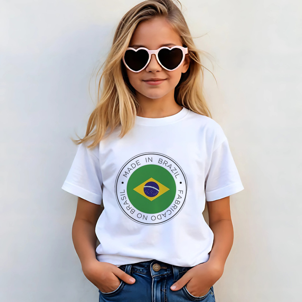Camiseta Infantil Brasil, 4 Variações, Tamnhos do 2 ao 16,  Disponível Cores Branca e Amarela.