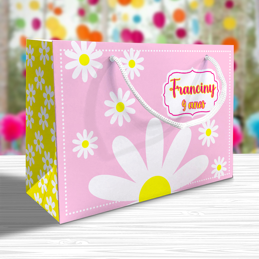 Sacolinha Flor Margarida Personalizada Festa Lembrancinha Kit Festa Rosa Sacola Deitada Reta