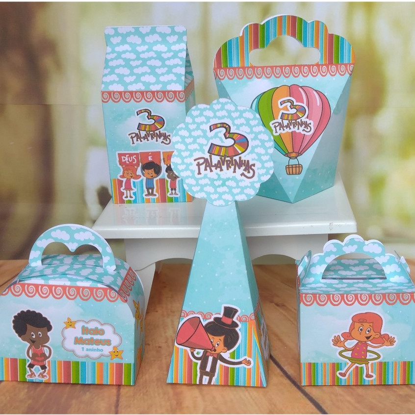 PEGUE E MONTE - Kit Festa Personalizados Tema 3 Palavrinhas Lembrancinha Infantil - Caixinhas para Festa