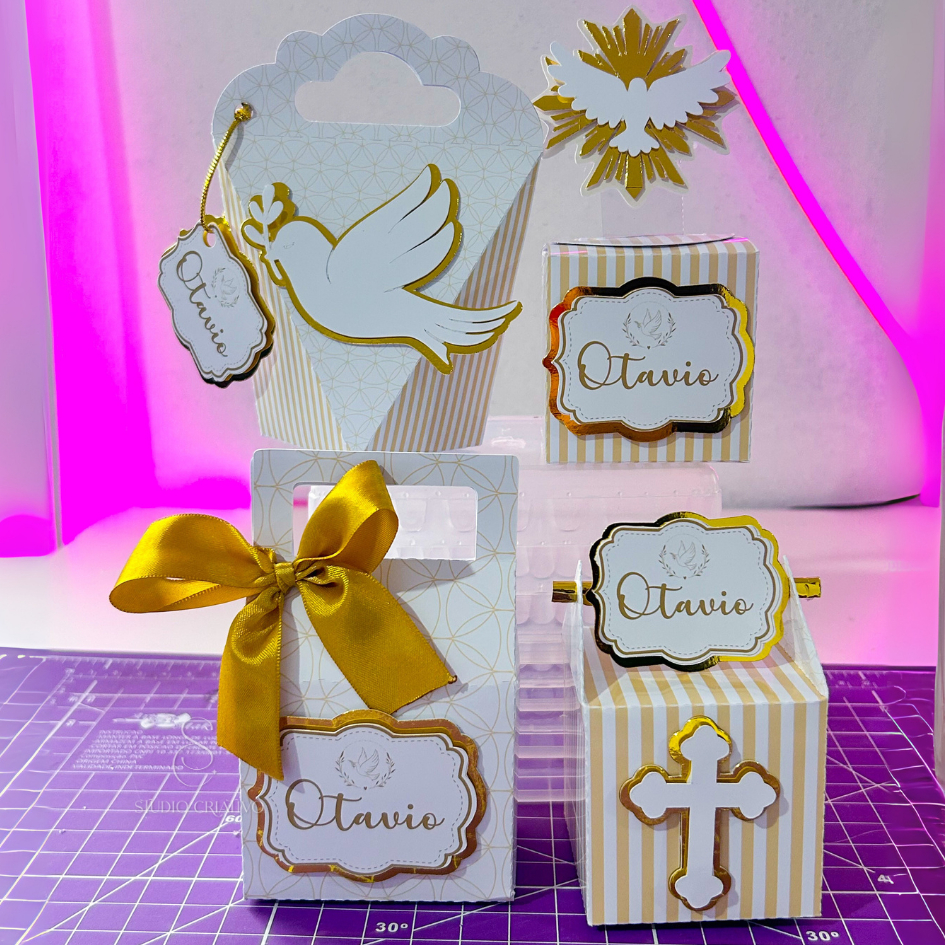 Kit Festa Batizado Batismo Personalizado Luxo Dourado 3D Lembrancinhas Caixinhas Decorativa Aniversario Decoracao