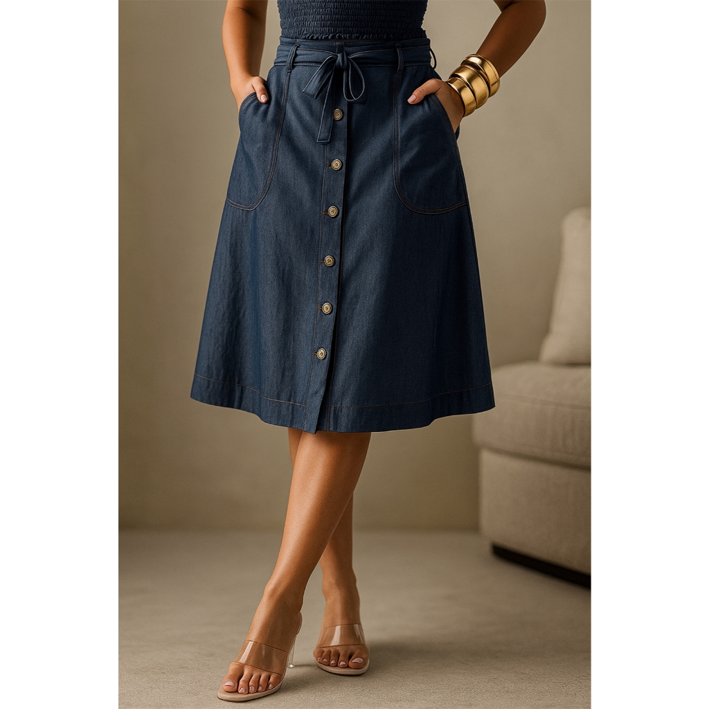Saia Jeans Feminina Midi Botões Cinto Casual Elegante Godê