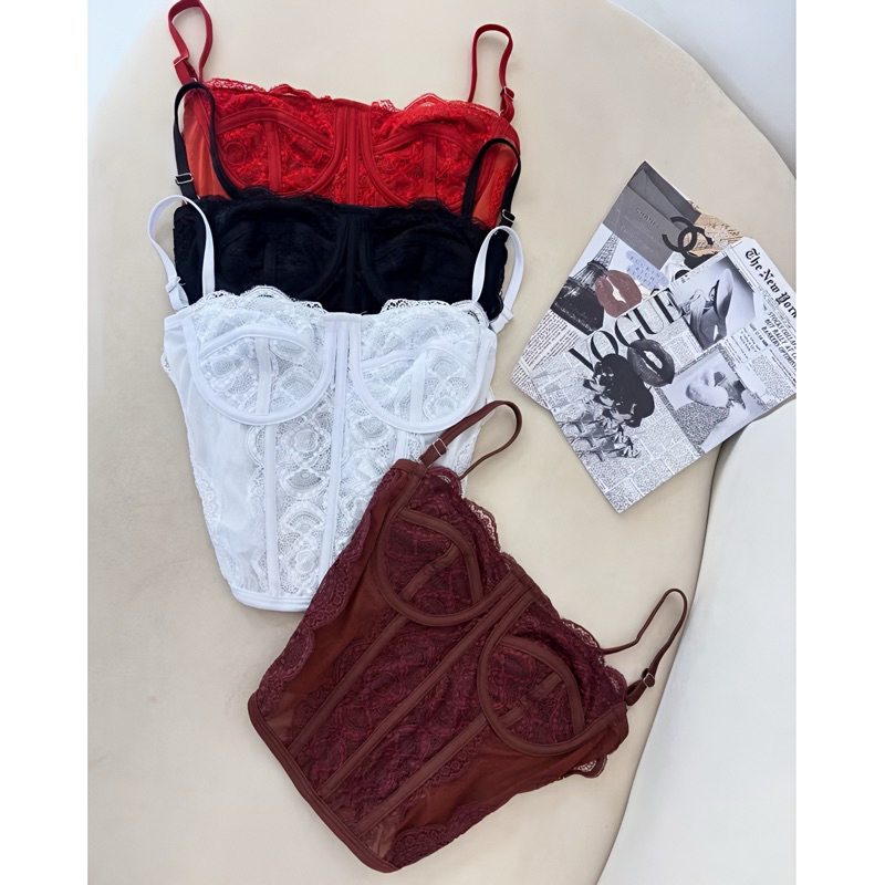 Corset Cropped Feminino de Renda Alça Acetinado Corselet Com Regulagem