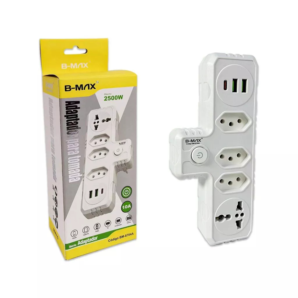 Adaptador de Tomada 3 Tomadas 2 Interface USB 1 Porta USB Type-C