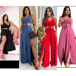 Conjunto cropped e Calça aberta Dunas Pantalona Fendas Laterais Cintura Alto e cropped