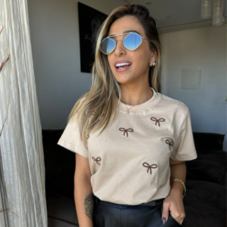 Camiseta T-Shirt Feminina Bordada com Lacinhos em Oferta na Shopee