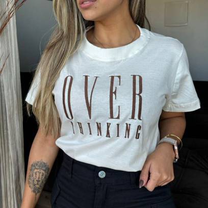 Blusa FemininaT-Shirt Bordada Over Thinking Moda Feminina Camisa 100% Algodão em Oferta na Shopee