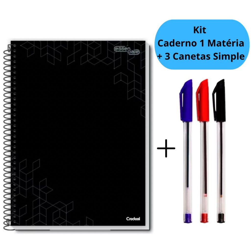 Kit Caderno Universitário 1 Matéria Preto ou Rosa + 3 Canetas Simple Vermelha Azul Preta em Oferta na Shopee