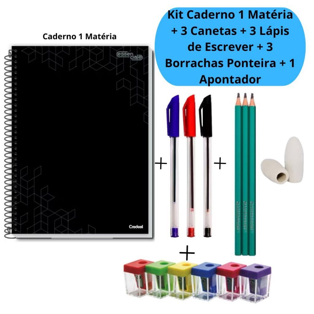 Kit Caderno 1 Matéria + 3 Canetas Simple + 3 Lápis de Escrever + 3 Borrachas Ponteira + 1 Apontador Colorido
