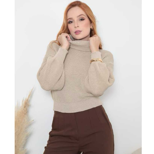 Blusa de Tricot Feminina Pontão Gola Boba de Frio Tendência Inverno Manga Longa de Lã Gola Alta Fang