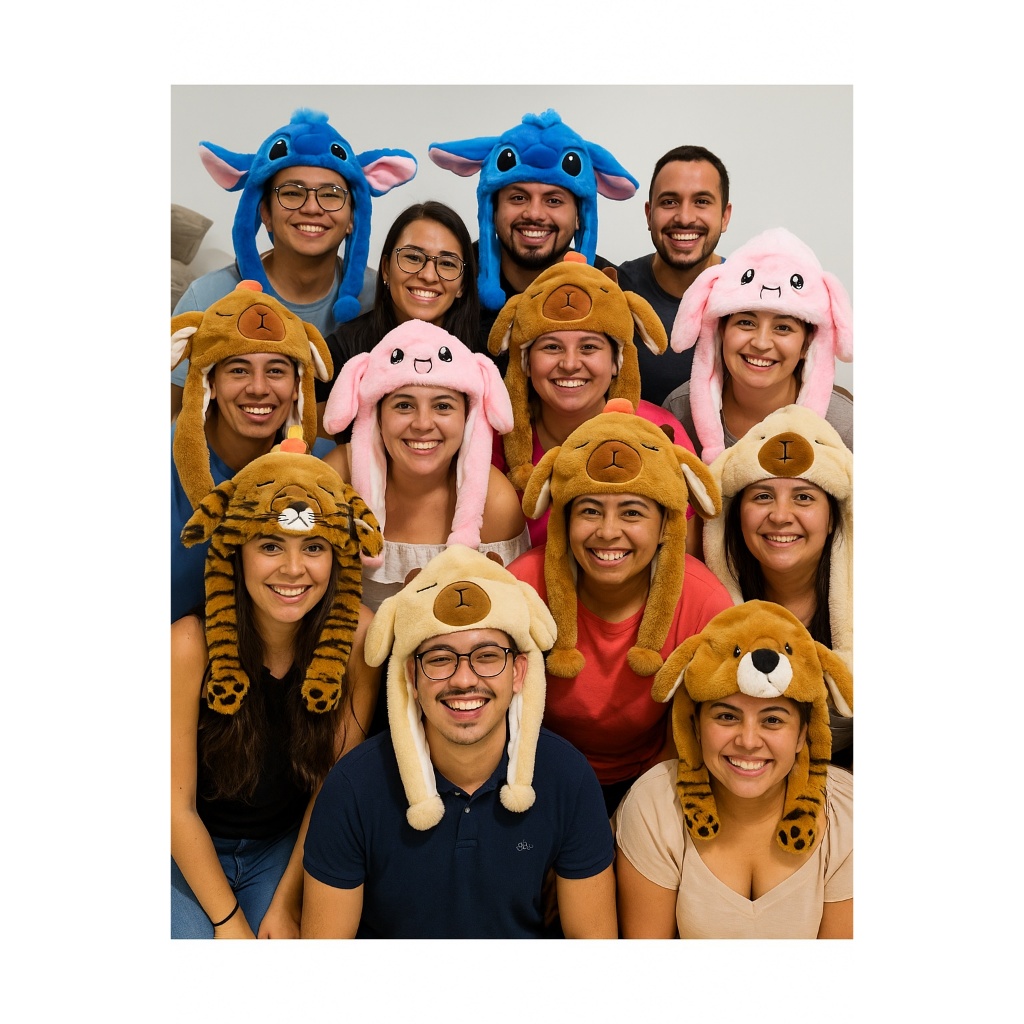 TOUCA GORRO DE PELÚCIA  LEVANTA ORELHAS /Stitch/Unicórnio/Capivara/Panda/Onça