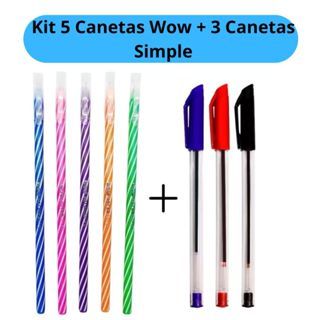 Kit 5 Canetas Wow Coloridas + 3 Canetas Simple Escolar Escritório em Oferta na Shopee
