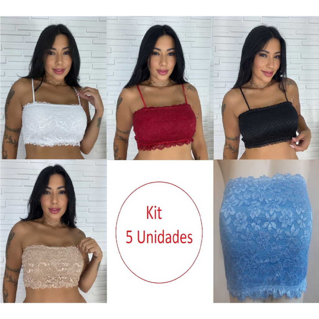 Kit 5 Top Faixa Cropped Feminino de Renda Sem Bojo Sutiã Blusinha Rendada em Oferta na Shopee