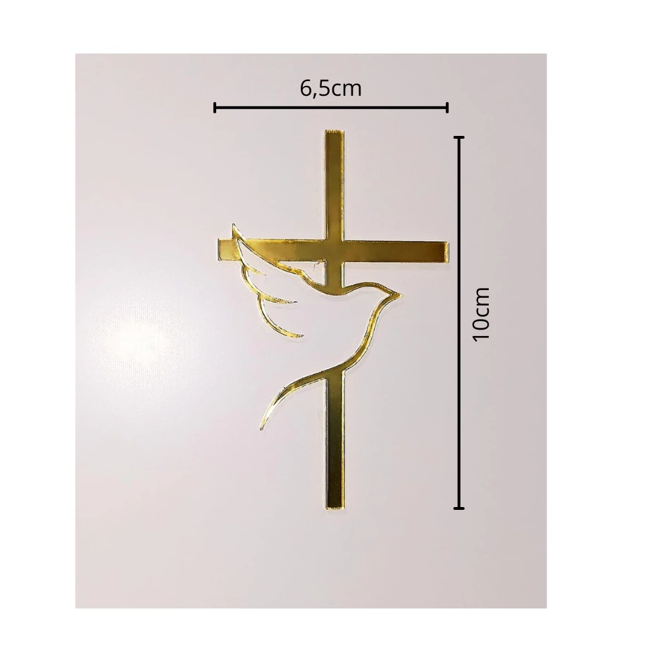 Topo Aplique p/ Bolo Acrílico Espelhado Espirito Santo Batismo Primeira Comunhão Cruz