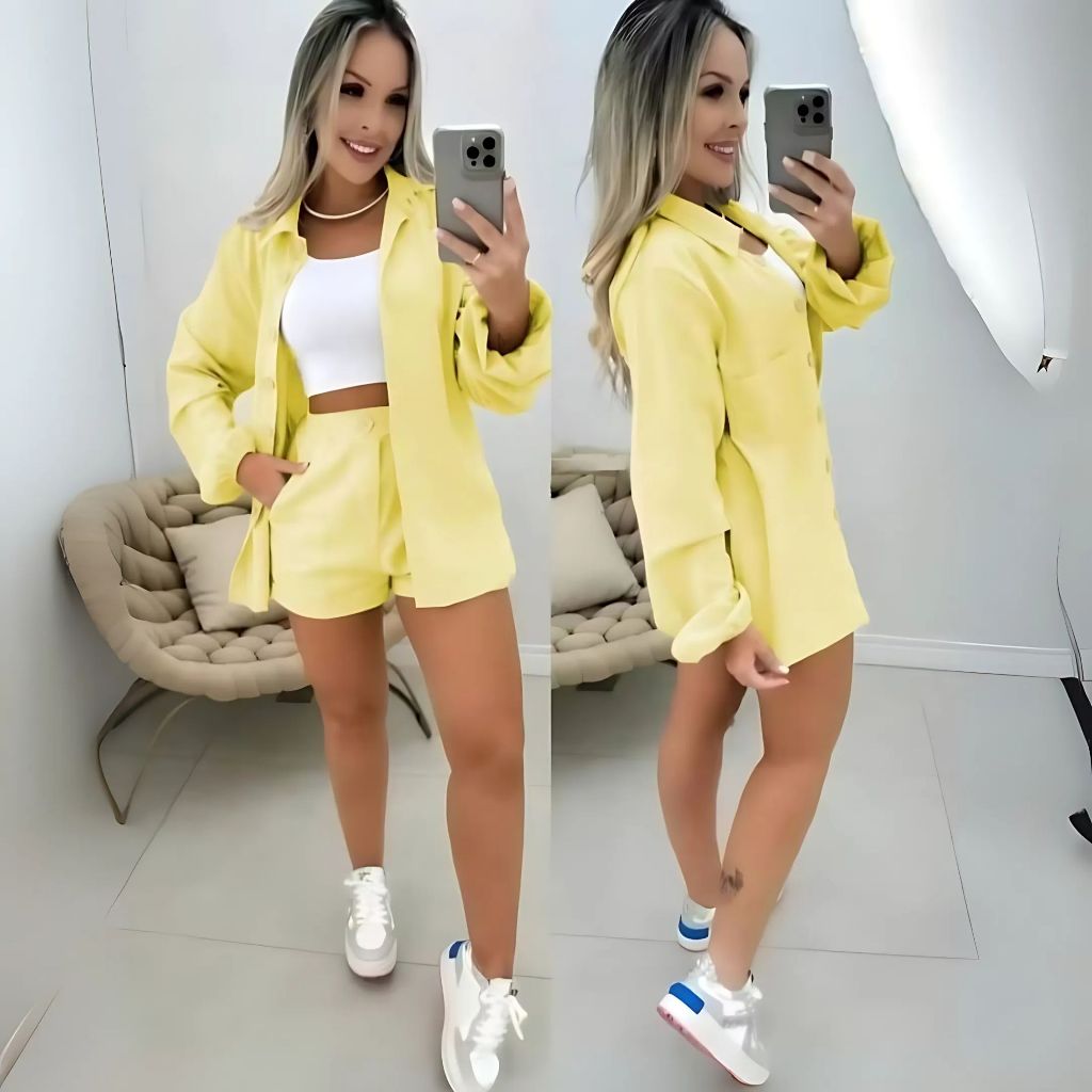 conjunto alfateria femenina camisa manga longa short. em Oferta na Shopee