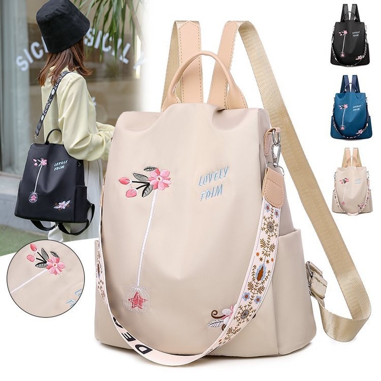 Mochila Feminina Nylon Bolsa De Ombro À Prova D'Água Anti-Roubo Bolsa Bordado Design - M