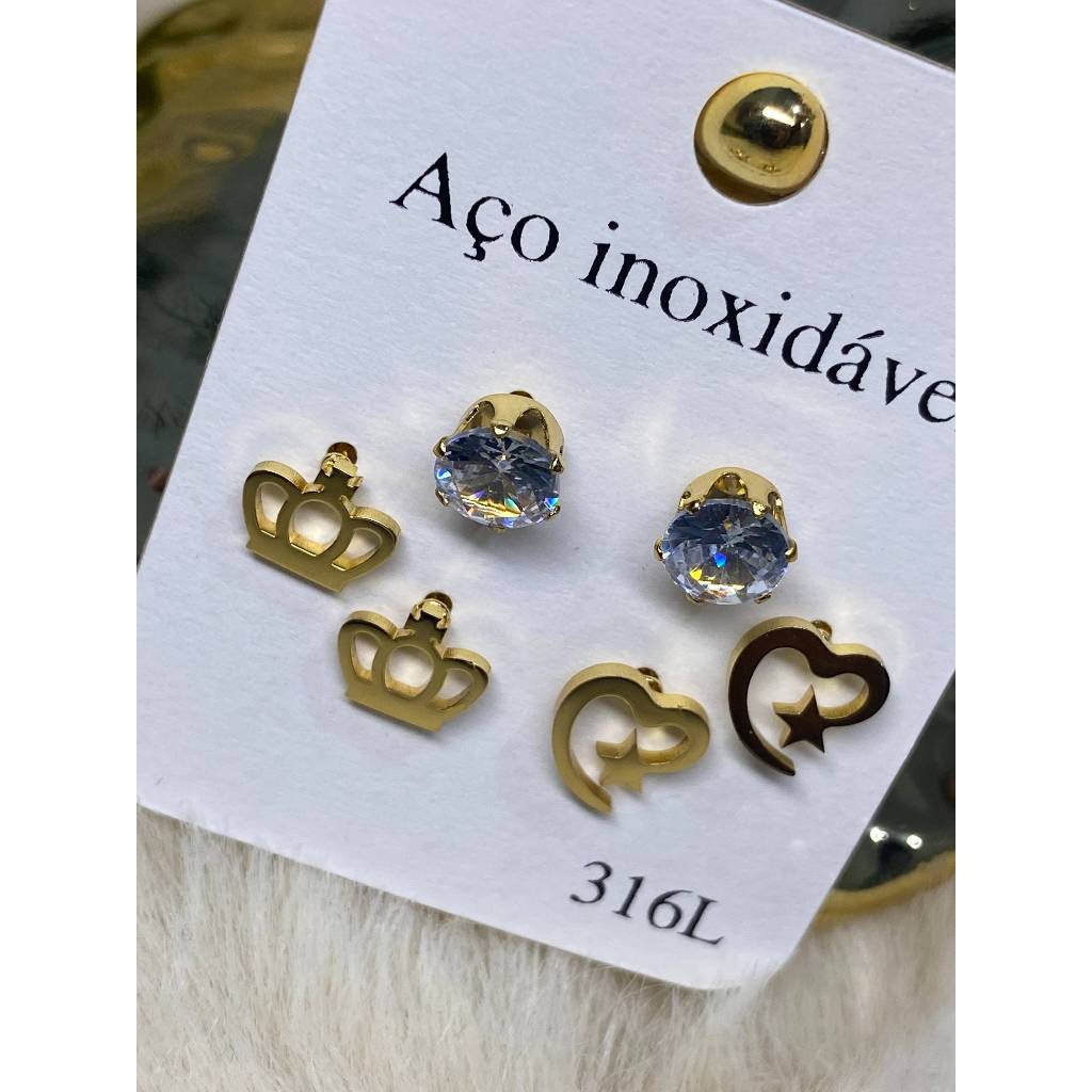 Brincos Três Pares de Brincos Dourado Aço Inoxidável Kit Brincos Brinco Coroa Brinco Coração Brinco Pedra Branca de Luz