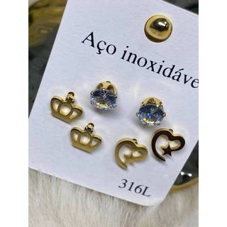 Brincos Três Pares de Brincos Dourado Aço Inoxidável Kit Brincos Brinco Coroa Brinco Coração Brinco Pedra Branca de Luz
