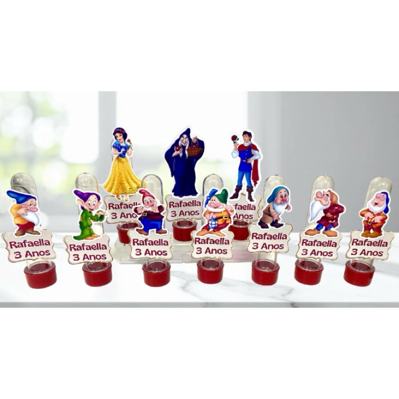 Tubete 13cm+Aplique Personalizado 3D nome e idade Princesa Branca de Neve 7 anões– Lembrancinha- Fazemos todos os temas