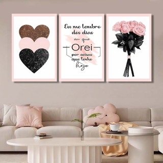 Kit 3 Quadros Decorativos Sala Quarto Escritório Flores Lembrança Oração Coração Rosa em Oferta na Shopee