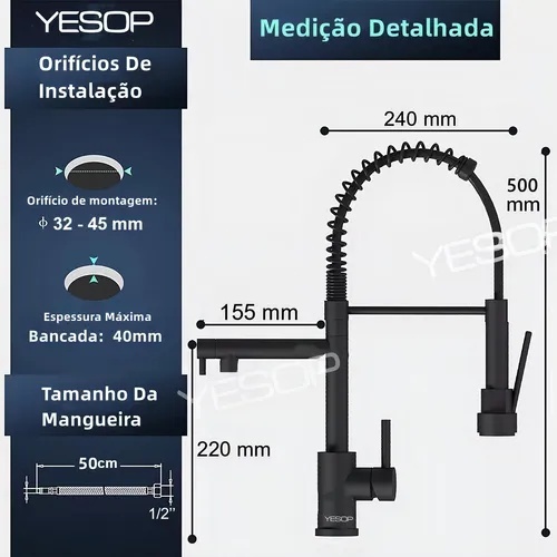 Torneira Pia Cozinha Gourmet Inox Monocomando Quente E Frio Cor Preto Fosco Yesop