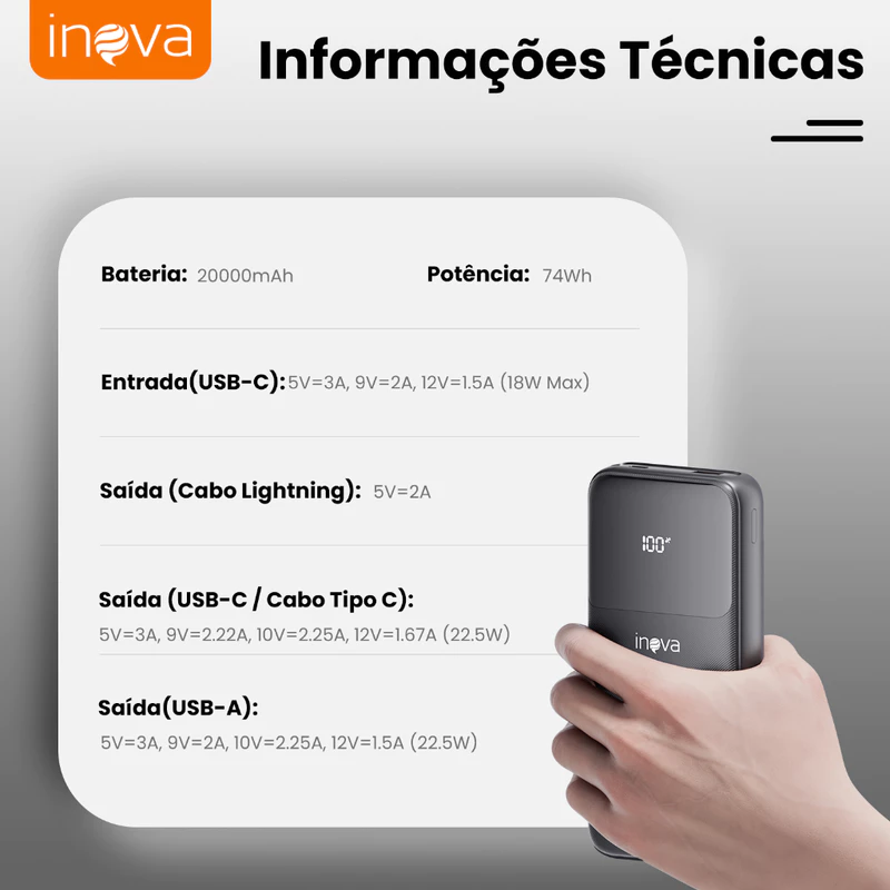 Power Bank Inova Turbo 20000mAh Carregador Portátil Universal Original — foto 9