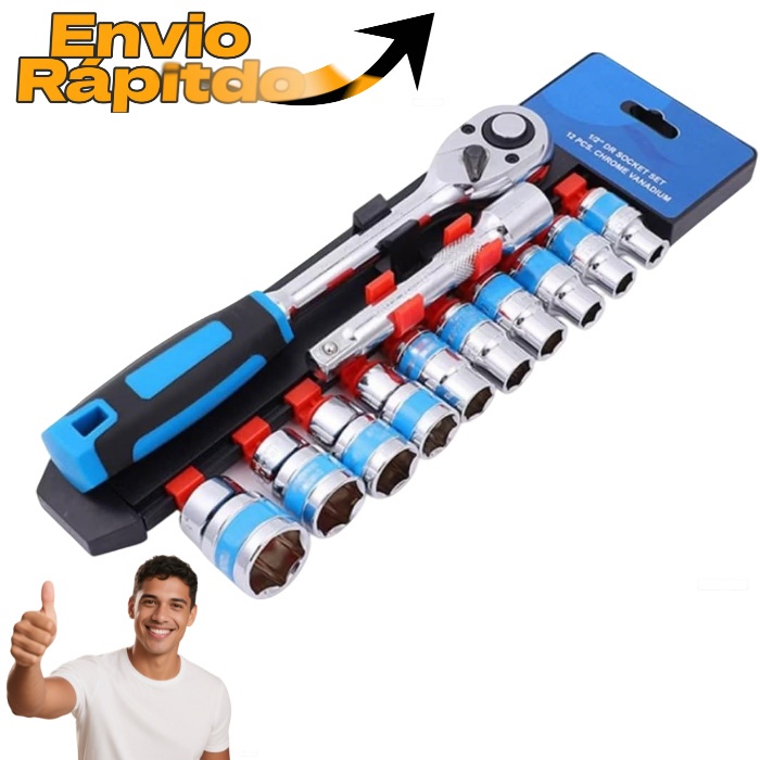 Jogo De Soquete Sextavado 1/2 Catraca 12 Peças 10 a 24mm com Extensão