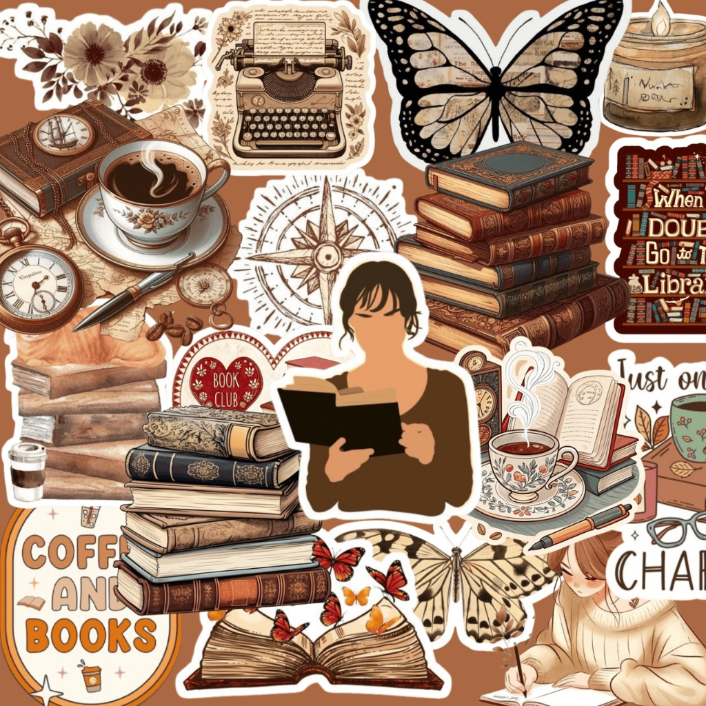 20 Adesivos Vintage Kindle, Livros e Diário | Tema Leitura, Café, Borboletas, Decoração Retrô