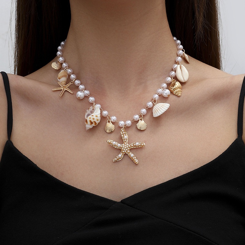 Colar concha de praia boêmia, pulseira feminina, imitação de pérola, estrela do mar corrente de cintura acessórios