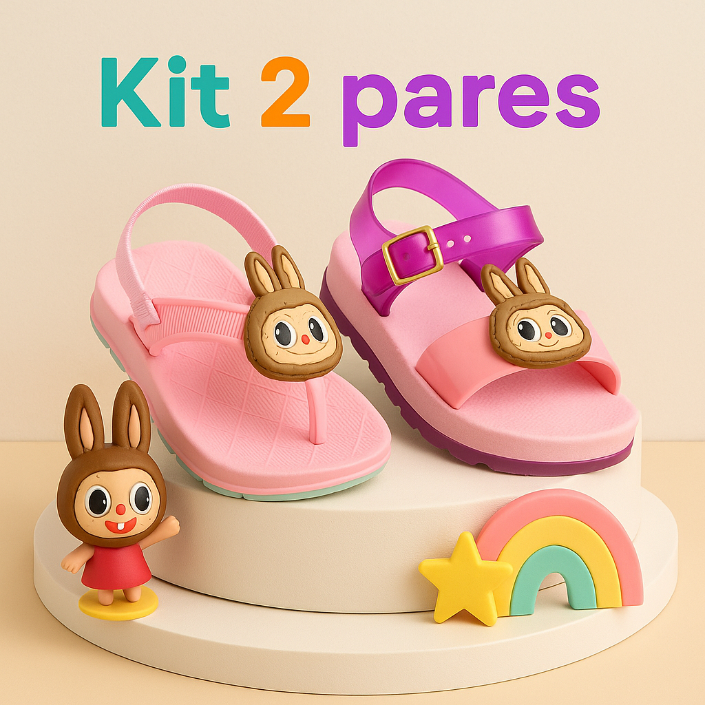 Kit 2 Pares Sandália e Chinelo Baby Infantil Feminina Menina Confortável Antiderrapante e Leve
