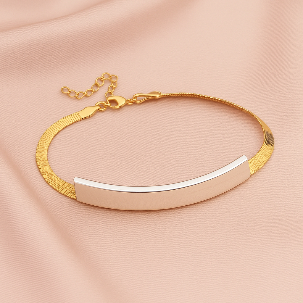 Pulseira Feminina Dourada Estilo Fita com Parte em Prata Removível Fashion Banhado a Ouro 18K