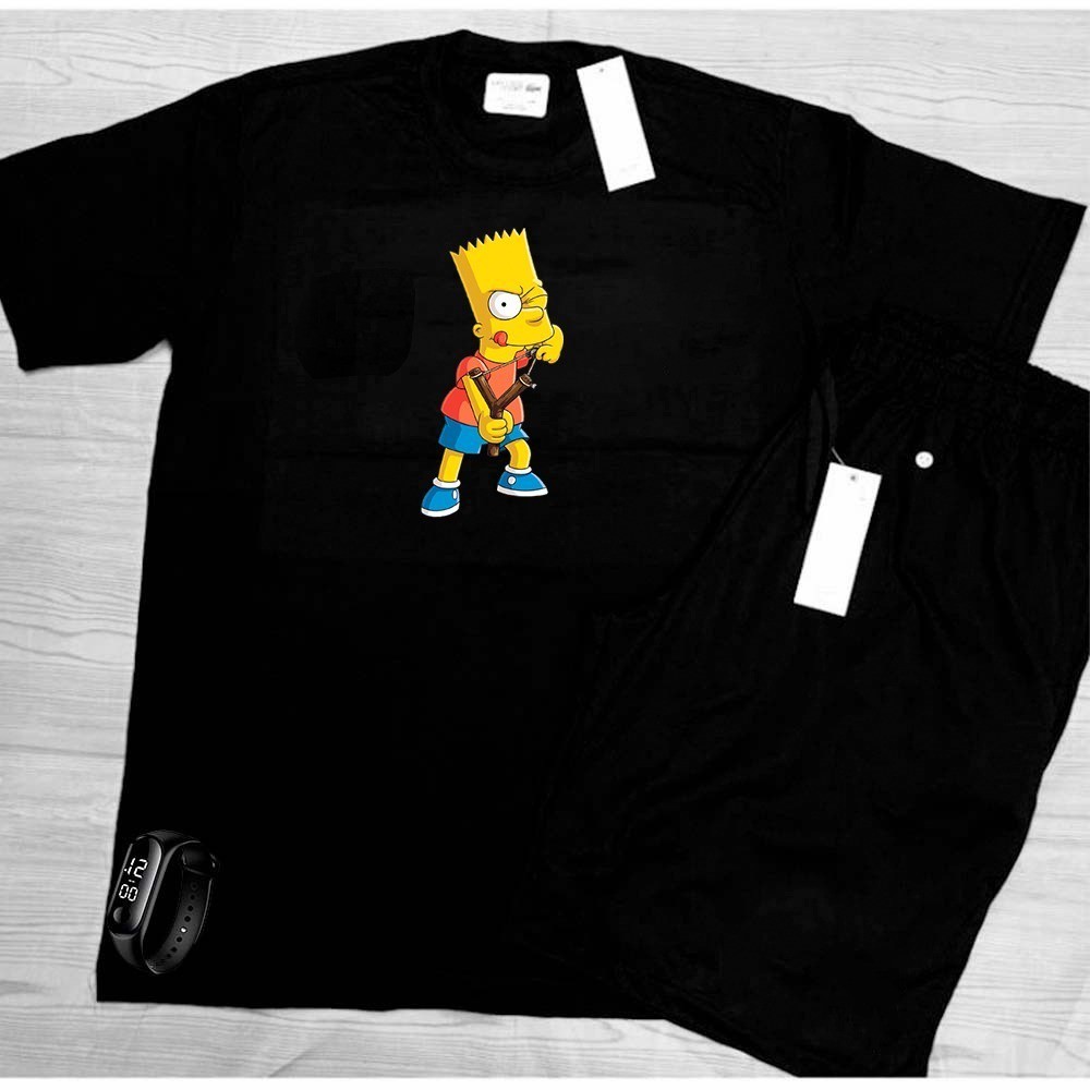 Kit Camiseta + Bermuda Tectel + Relógio Digital Personagem Simpsons Bart Plusize Tamanho até o G3
