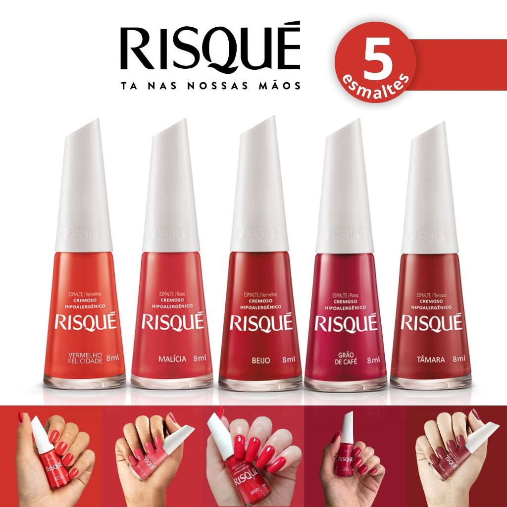 Kit 5 Esmalte Risqué Cremoso Tons Vermelhos Esmaltes Atacado em Oferta na Shopee