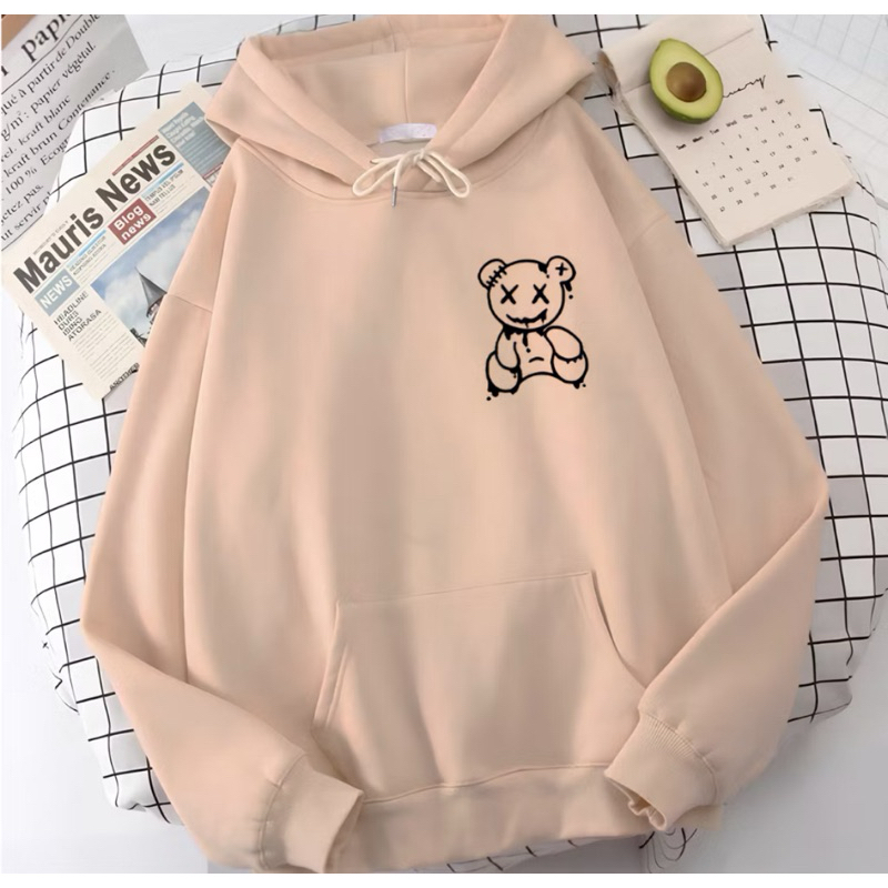 Blusa Moletom Canguru Feminino Unissex Flanelado Algodão Estampado Capuz Inverno Preto Urso