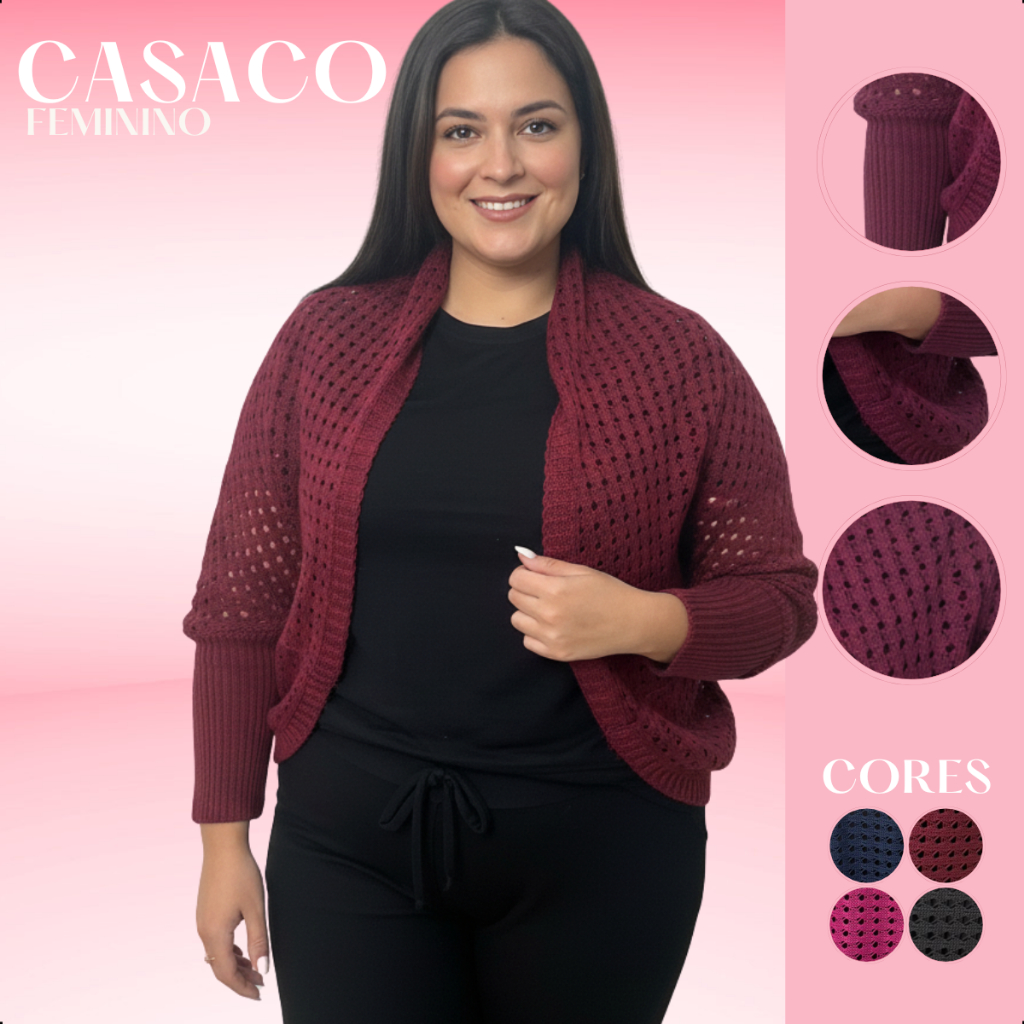Casaco Casulo com Furos Feminino Modal Moda Inverno Elegante Casual Blusa Jaqueta