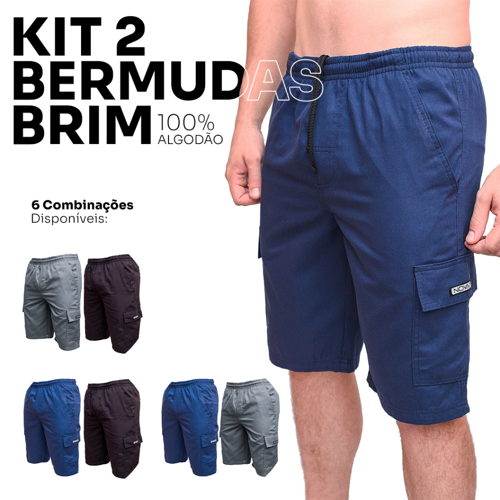 Kit 2 Bermudas Masculina Brim Algodão - Lisa com Elástico, Cordão e 5 Bolsos Confortáveis