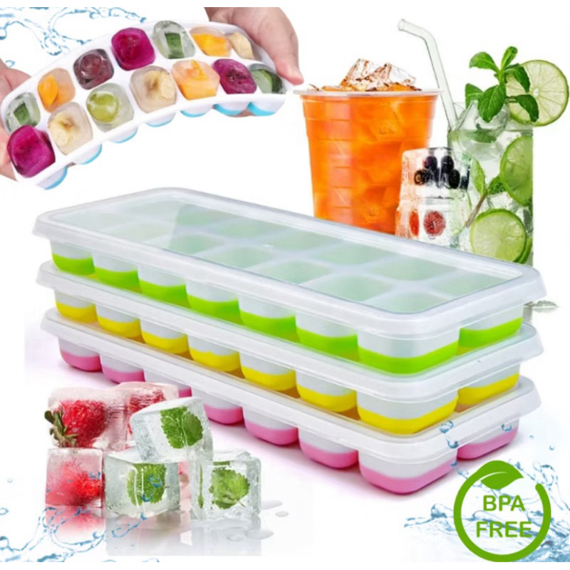 Kit 4 Forma De Gelo Fundo Silicone 14 Cubos Tampa Rígida em Oferta na Shopee