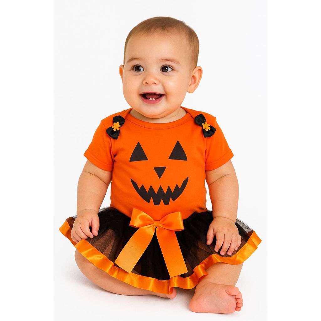 Fantasia De Bebê Menina Halloween Mesvesário Body Conjunto Roupa Infantil Aniversário Abóbora e Saia