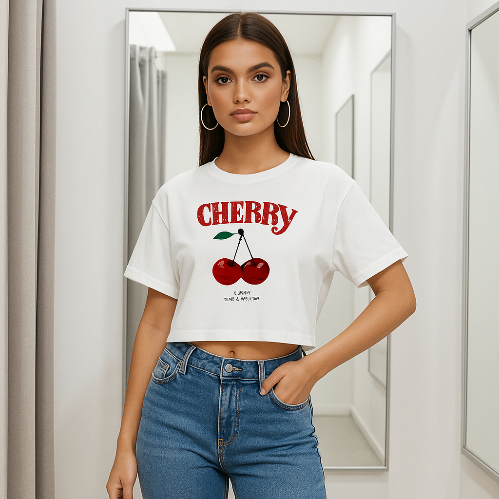 Cropped Cherry Feminino Estampa Oversized Camiseta Look Fashion