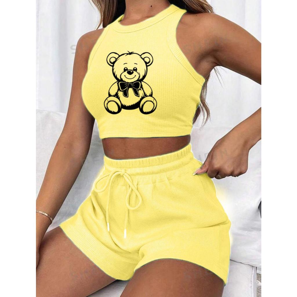 Conjunto cropped e short canelado 3D Feminino