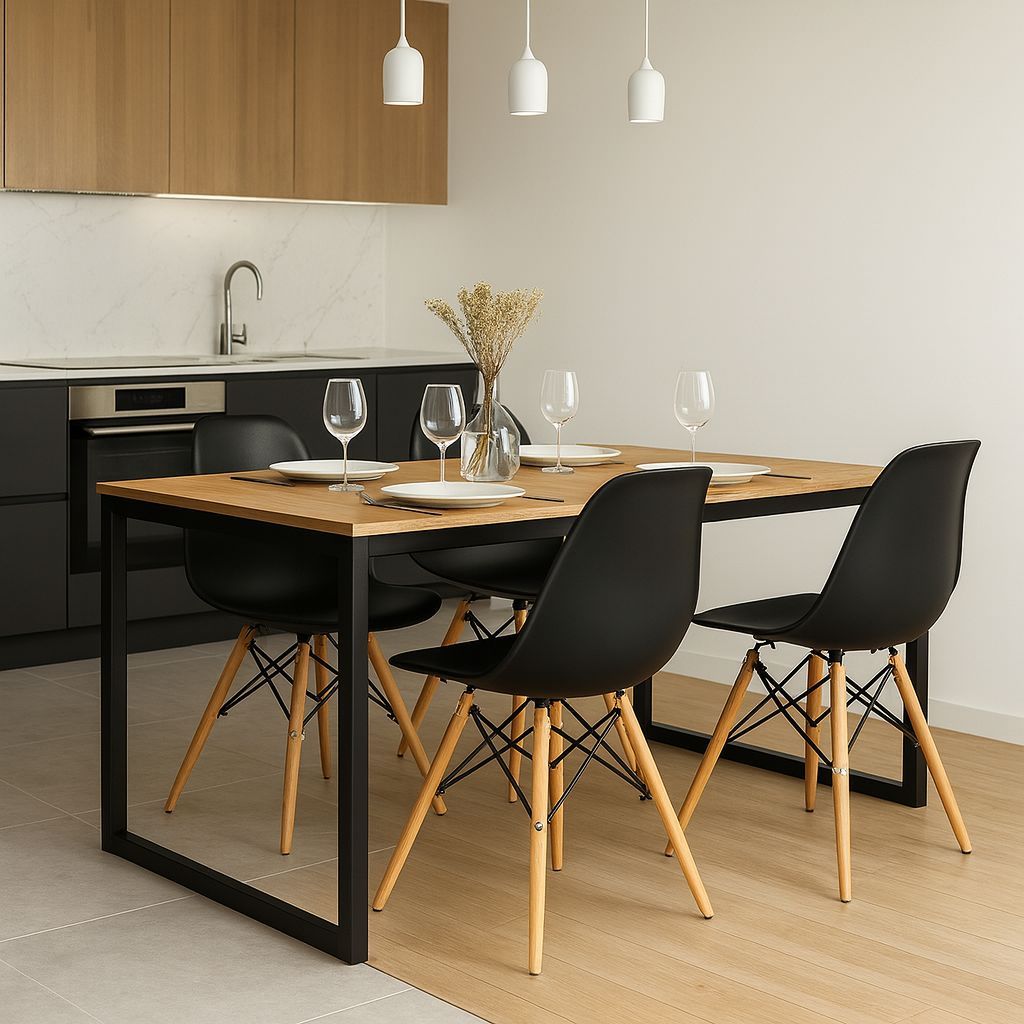 Mesa de Jantar Industrial com 4 Cadeiras Eames – Kit Completo para Sala de Jantar e Cozinha